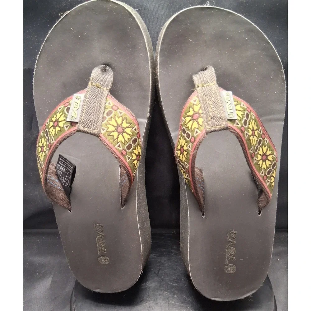 Teva Mush Mandalyn Wedge Sandals Brown Floral Straps Flip Flops 6139B Womens 5